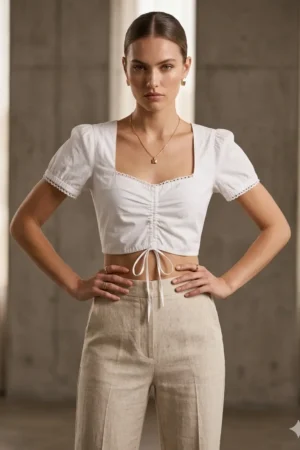 White Ruched Tie-Front Puff Sleeve Crop Top