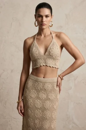 Beige Crochet Halter Tie-Back Crop Top