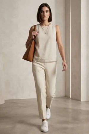 Beige Linen Sleeveless Button-Back Top
