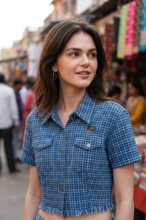 Blue Checkered Frayed Hem Cropped Shirt
