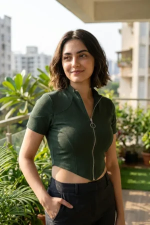 Olive Green Zip-Up Ribbed Crop Top