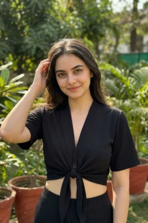 Black Front Knot V-Neck Crop Top