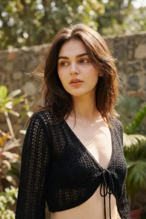 Black Crochet Tie-Front Crop Top