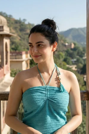 Turquoise Textured Ruched Halter Crop Top